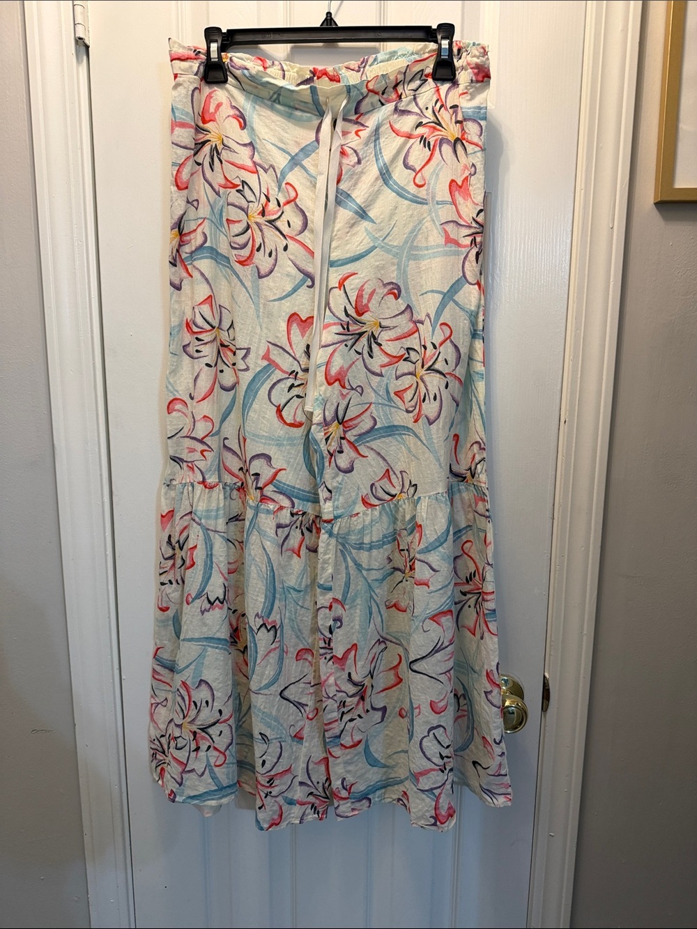 Anthropologie Floral Linen Maxi Skirt - White with Blue & Pink Accents
